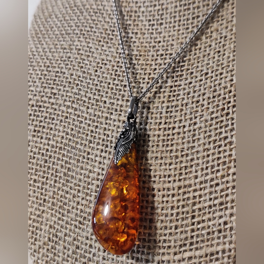 Art Nouveau Style Amber Pendant Silver Necklace